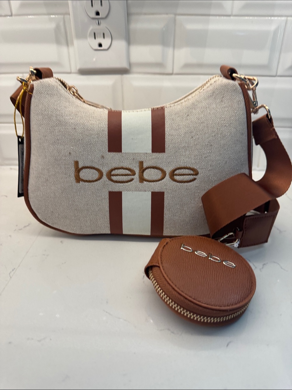 bebe Tan Canvas Crossbody with Brown Trim and Stripe